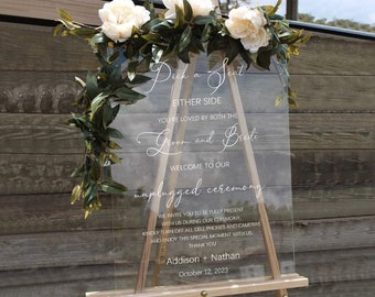 Unplugged Ceremony Sign, Modern Unplugged Wedding Sign, Pick a Seat Either Side Sign, Clear Acrylic Sign, No Phones or Cameras, Wedding Sign