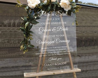 Unplugged Ceremony Sign, Unplugged Wedding Sign, Pick a Seat Not a Side Wedding Sign, Custom Wedding Signage, Clear Acrylic Wedding Signs