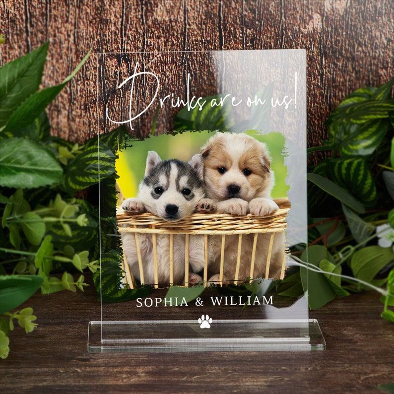 Drinks Are On Us SignOpen Bar Pet Drink Acrylic Wedding Sign for Bar,Signature Drink Sign with Dog Cat Party Sign with Pet,His&Hers Menu image 2