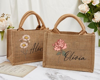 Bridesmaid Burlap Tote Bags with Birth Flower,Custom Beach Tote Bag with Name, Bachelorette Party Favors, Wedding Gift Bags,Mothers Day Gift