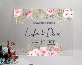 Clear Acrylic Wedding Welcome Sign, Pink Flower Wedding Signs, Welcome Sign, Modern Wedding Decor, Custom Welcome Sign, Acrylic Wedding Sign