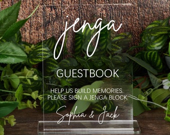 Signo del libro de visitas de Jenga de boda, signo de boda moderno, ayúdenos a construir recuerdos, firme una pieza de Jenga, decoración de la mesa de bodas, señalización de bodas