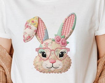 Floral Patchwork Bunny PNG, Easter Rabbit with Glasses, Cottagecore Gingham Clipart, Sublimation Design
