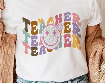 Bloemen en smiley leraar SVG sublimatie, leraar SVG, retro leraar SVG, leraar shirt SVG, school SVG, trendy leraar gesneden bestanden png