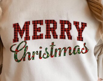 Retro Merry Christmas Sublimation PNG, Cozy Plaid Holiday Shirt Printable Design