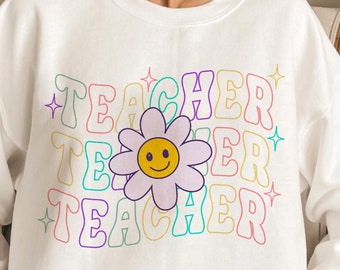 Smile Face Teacher SVG, Floral Teacher Svg, Groovy Teacher Shirt Design, Retro Teacher Png, Retro School Png, Back to School Png