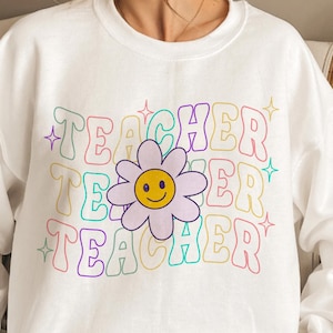 Smile Face Teacher SVG, Floral Teacher Svg, Groovy Teacher Shirt Design, Retro Teacher Png, Retro School Png, Back to School Png
