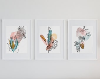 Impresiones de decoración de pared, hojas temáticas, arte de acuarela, juego de 3 impresiones botánicas de acuarela, arte de decoración del hogar moderno, arte de pared imprimible, decoración del hogar