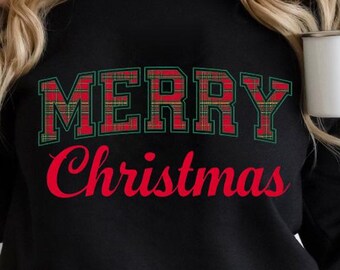 Varsity Merry Christmas Tartan Plaid PNG, Faux Embroidery Retro Holiday Design