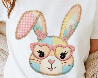 Patchwork Bunny PNG, Floral Easter Rabbit, Cottagecore Gingham Clipart, Pastel Spring Sublimation Design