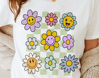 Retro Flowers Checkered PNG, Smile Face Flowers Png, Retro Flower Smile Png, Grunge Smile Face Daisy, Groovy Floral Png, Retro Happy Flowers