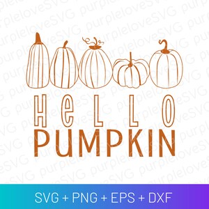 Może przedstawiać: Projekt cyfrowy przedstawiający rysunek liniowy pięciu dyni z tekstem "HELLO PUMPKIN" w kolorze pomarańczowym.
