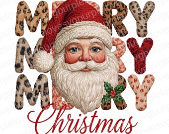 Leopard Merry Christmas Santa Latch Hook Yarn PNG, Faux Yarn Crochet Santa PNG, Tis The Season Sublimation, Vintage Santa Clipart