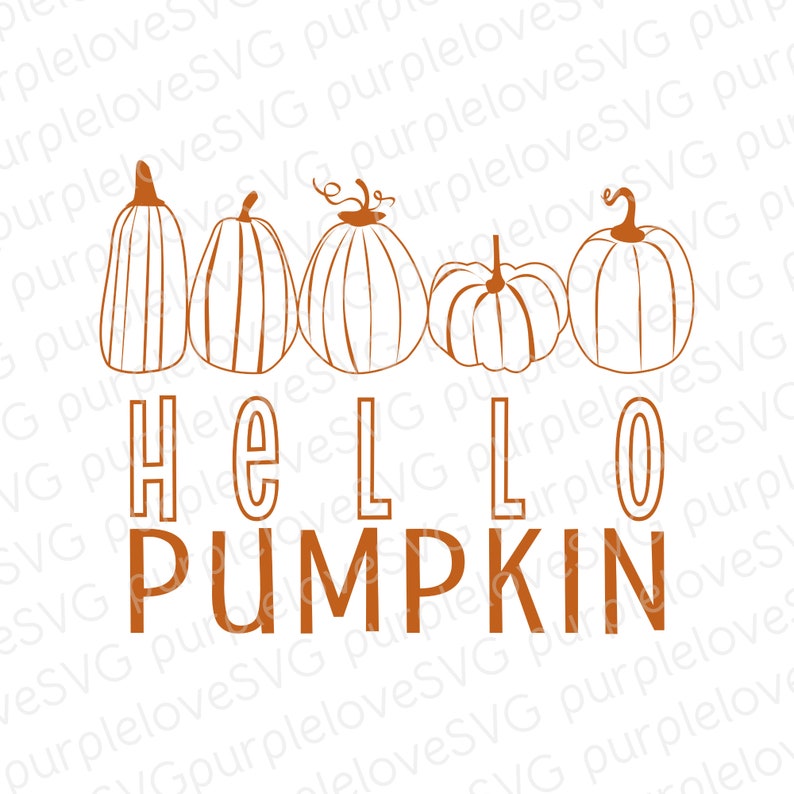 Może przedstawiać: Brązowa ilustracja konturu pięciu dyni z tekstem "HELLO PUMPKIN" poniżej.