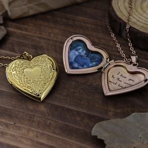 Vintage Herz Medaillon Halskette mit Gravur, Individuell gravierte Medaillon Foto/Bild Halskette, Muttertagsgeschenk für Mama/Oma/Frau