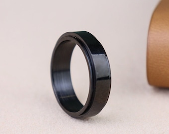 Bague spinner en acier noir/argent gravée sur mesure de 6 mm, bague unisexe, bague en acier inoxydable, bague spinner, bague gravée personnalisée, cadeau pour elle lui