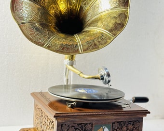 Brass Vintage Gramophone Plays Vinyl Record- Fully Functional Antique Phonograph - Christmas Gift and Home Decor