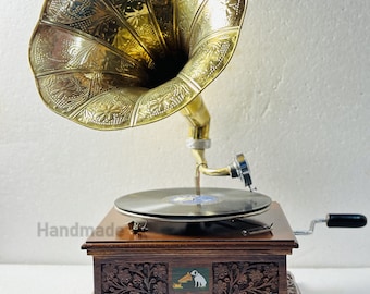 Brass HMV Gramophone Antique Replica Plays Vinyl Record Good Sound Phonograph Antique Music Player Decor Turntable Collectible Home Decor