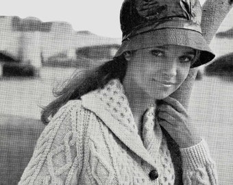 Ladies Traditional Aran Jacket with Patterned Collar, Vintage Knitting Pattern, PDF, Digital Download - C225