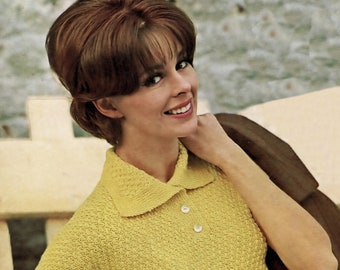 Ladies Pretty Short Sleeve Sweater with Collar and Front Button Opening, Vintage Knitting Pattern, PDF, Digital Download - A124