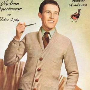 Mens Timeless Shawl Collar Cardigan with Chest Pockets, Vintage Knitting Pattern, PDF, Digital Download - D290