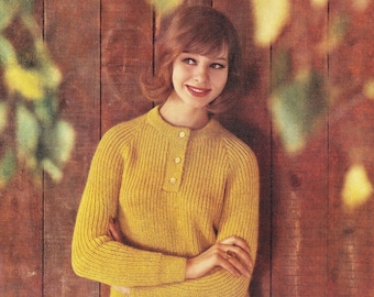Ladies Classic Fishermans Rib Sweater with Front Buttoning, Vintage Knitting Pattern, PDF, Digital Download - D734