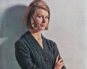 Ladies V-Neck Jacket with Decorative Cable Look Panels, Vintage Knitting Patterns, PDF, Digital Download - C768