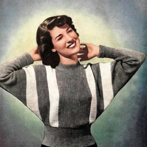 Ladies Attractive Dolman Sweater with Contrast Stripes, Vintage Knitting Pattern, PDF, Digital Download - D435