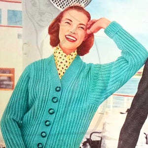 May include: A vintage knitting pattern illustration for a teal cardigan with a ribbed texture, V-neckline, and six buttons. The text reads 1088, SIXPENCE, 34-36 Bust, Double Knitting, and Templeton's. A yellow polka dot scarf is worn underneath.
