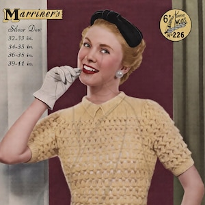 May include: A vintage knitting pattern booklet titled Marriner's Silver Dew No. 226, featuring a pale yellow short-sleeved knit sweater with a textured bobble stitch pattern, a collared neckline, and a ribbed hem, displayed on a model.