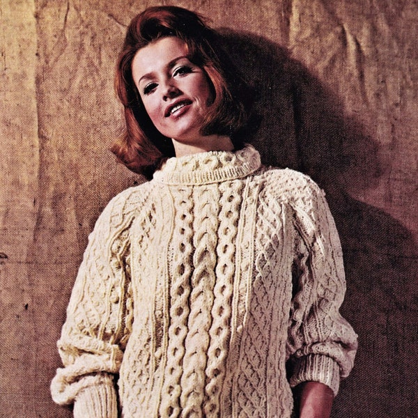 Ladies Traditional Aran Sweater with Polo or Crew Neck, Vintage Knitting Pattern, PDF, Digital Download - B355