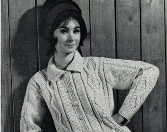 Ladies Classic Aran Cardigan with Collar and Set in Sleeves, Vintage Knitting Pattern, PDF, Digital Download - C551