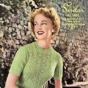 Ladies Pretty Jumper in Wide Rib with Lacy Hearts, Vintage Knitting Pattern, PDF, Digital Download - D515