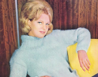 Ladies Fabulous Mohair Sweater with Ribbed Yoke and Patch Pockets, Vintage Knitting Pattern, PDF, Digital Download - D586