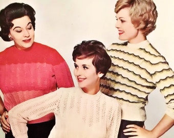 Ladies Pretty Feather and Fan Sweater in Three Colour Ways, Vintage Knitting Pattern, PDF, Digital Download - D252