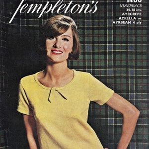 May include: A woman wearing a yellow knitted top with a bow at the neckline. The top is made of a soft, textured fabric. The woman is standing against a green and black plaid background. The text "Templeton's" is visible at the top of the image. The text "1400 NINEPENCE 34-38 ins. AYRCREPE AYRELLA or AYRBEAM 4 ply" is visible in the top right corner of the image.