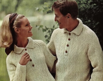 Ladies and Mens &quot;Easy Knit&quot; Aran Shirt Neck Sweater with Raglan Sleeves, Vintage Knitting Pattern, PDF, Digital Download - C140