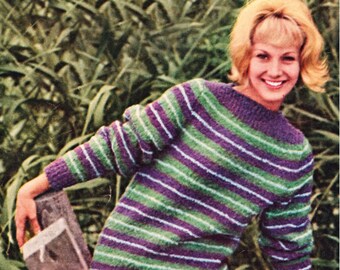 Ladies "Easy Knit" Striped Boucle Sweater, Vintage Knitting Patterns, PDF, Digital Download - D352