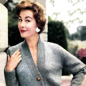 Ladies Smart V-Neck Cardigan with Garter Stitch Neck Band, Vintage Knitting Pattern, PDF, Digital Download - D715