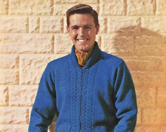 Mens Smart Zip-Up Jacket with Front Cables, Vintage Knitting Pattern, PDF, Digital Download - D778