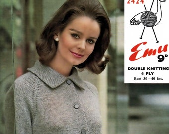 May include: A woman wearing a gray cardigan with black and white stripes at the bottom. The cardigan has a collared neckline and buttons down the front. The woman is wearing a skirt and has her hair styled in a bouffant. The image includes a label that reads "Emu Double Knitting 4 Ply 9" Bust 30-40 ins."