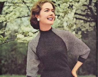 Ladies Fabulous Sweater with Striped Three-Quarter Length Sleeves, Vintage Knitting Pattern, PDF, Digital Download - D763