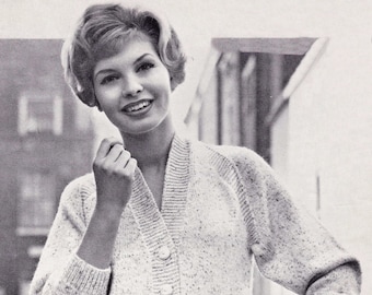 Ladies Smart V-Neck Cardigan with Garter Stitch Front Bands and Raglans, Vintage Knitting Pattern, PDF, Digital Download - D454