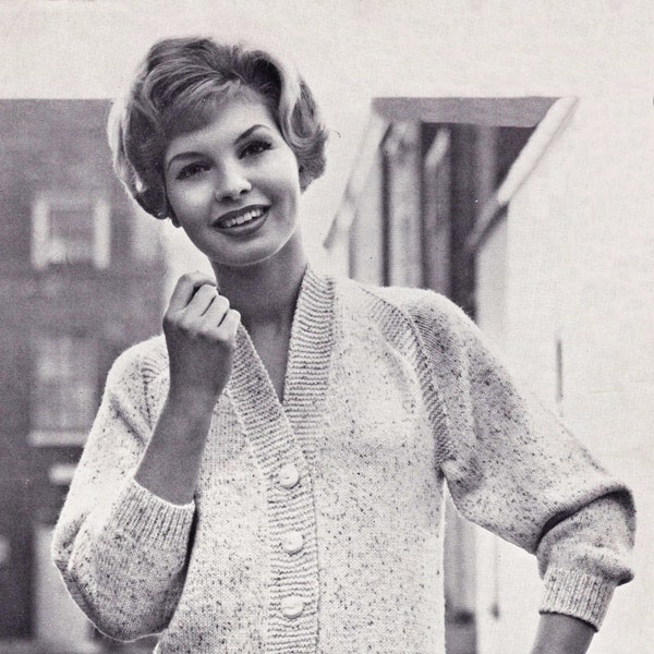 Ladies Smart V-Neck Cardigan with Garter Stitch Front Bands and Raglans, Vintage Knitting Pattern, PDF, Digital Download - D454