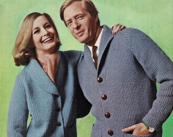 Ladies and Mens &quot;Easy Knit&quot; Textured Cardigan with Shawl Collar, Vintage Knitting Pattern, PDF, Digital Download - C913