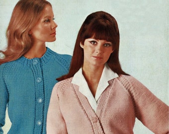 Ladies Chunky Knit Cardigan with Raglan Sleeves and Round of V Neck, Vintage Knitting Pattern, PDF, Digital Download - C708