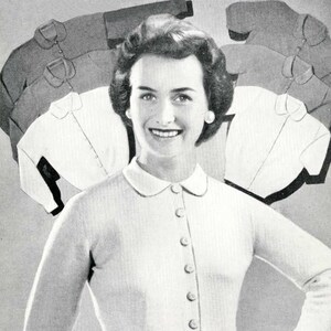 May include: A woman in a light-coloured, button-down cardigan with a rounded collar, paired with a dark skirt. The background features illustrations of similar sweaters in various colours. A vintage fashion image.