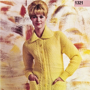 May include: A yellow knitted cardigan with a cable knit pattern and button closure. The cardigan has two pockets and a collared neckline.
