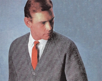 Mens Classic Raglan Sleeved V-Neck Cardigan, Vintage Knitting Pattern, PDF, Digital Download - A187