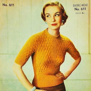 Suéter estampado fácil para mujer con panel acanalado y elección de mangas largas o cortas, patrón de tejido vintage, PDF, descarga digital - D582